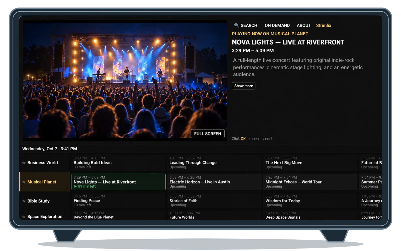 Strimm branded app running on Android TV and Google TV, showing a live channel and TV Guide