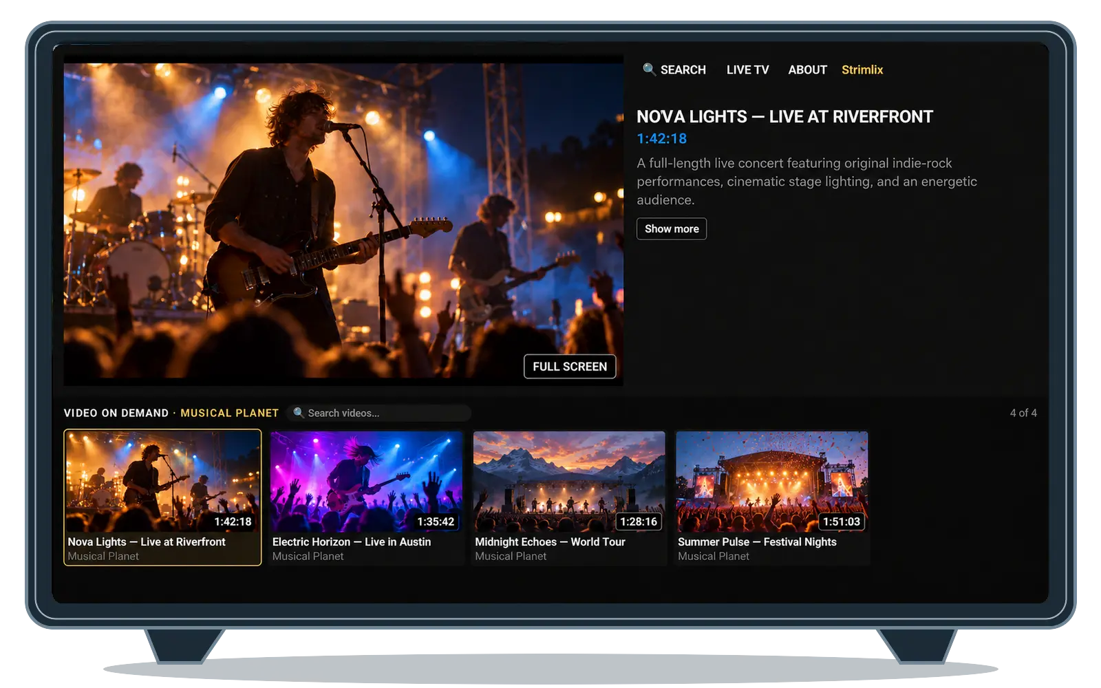 Strimm branded app running on Android TV and Google TV, showing the Video On Demand library