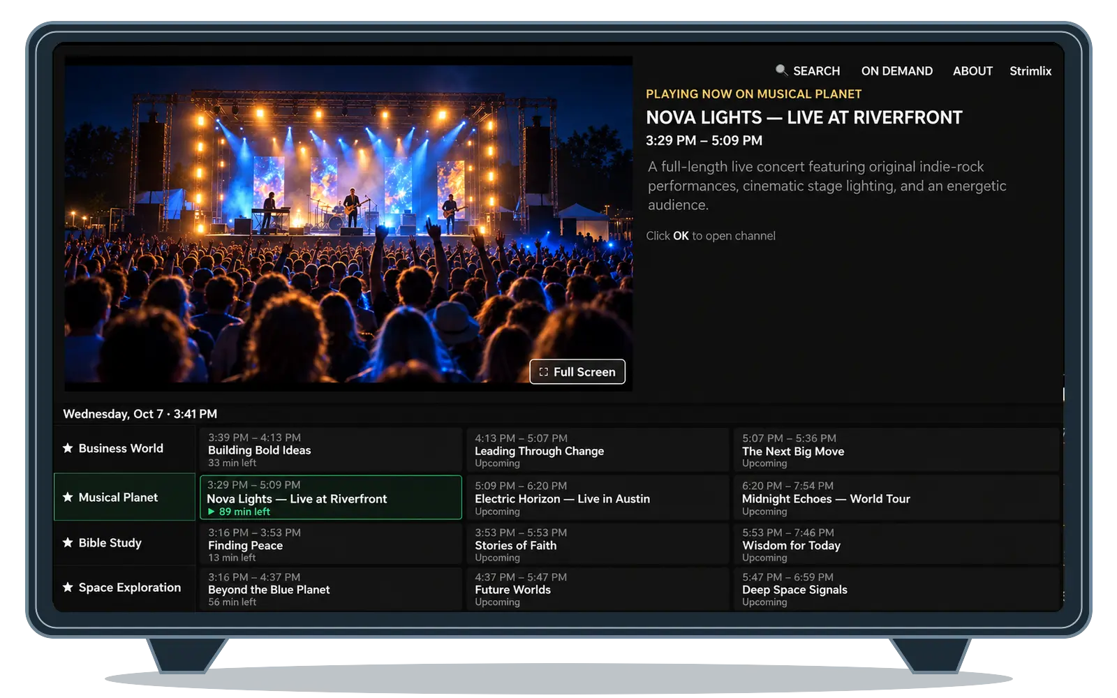 Strimm branded app running on Apple TV, showing a live channel and TV Guide