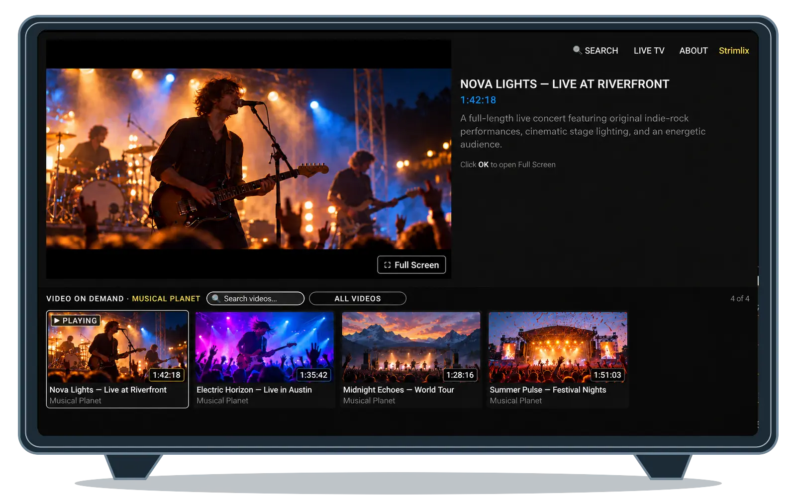 Strimm branded app running on Apple TV, showing the Video On Demand library