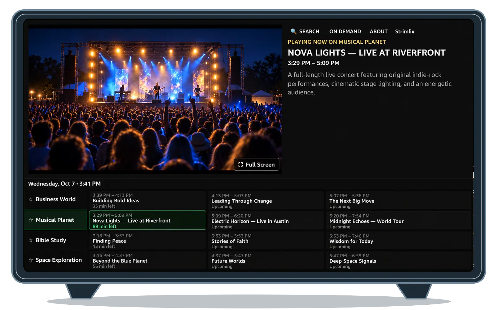 Strimm branded app running on a Fire TV device, showing a live channel and TV Guide