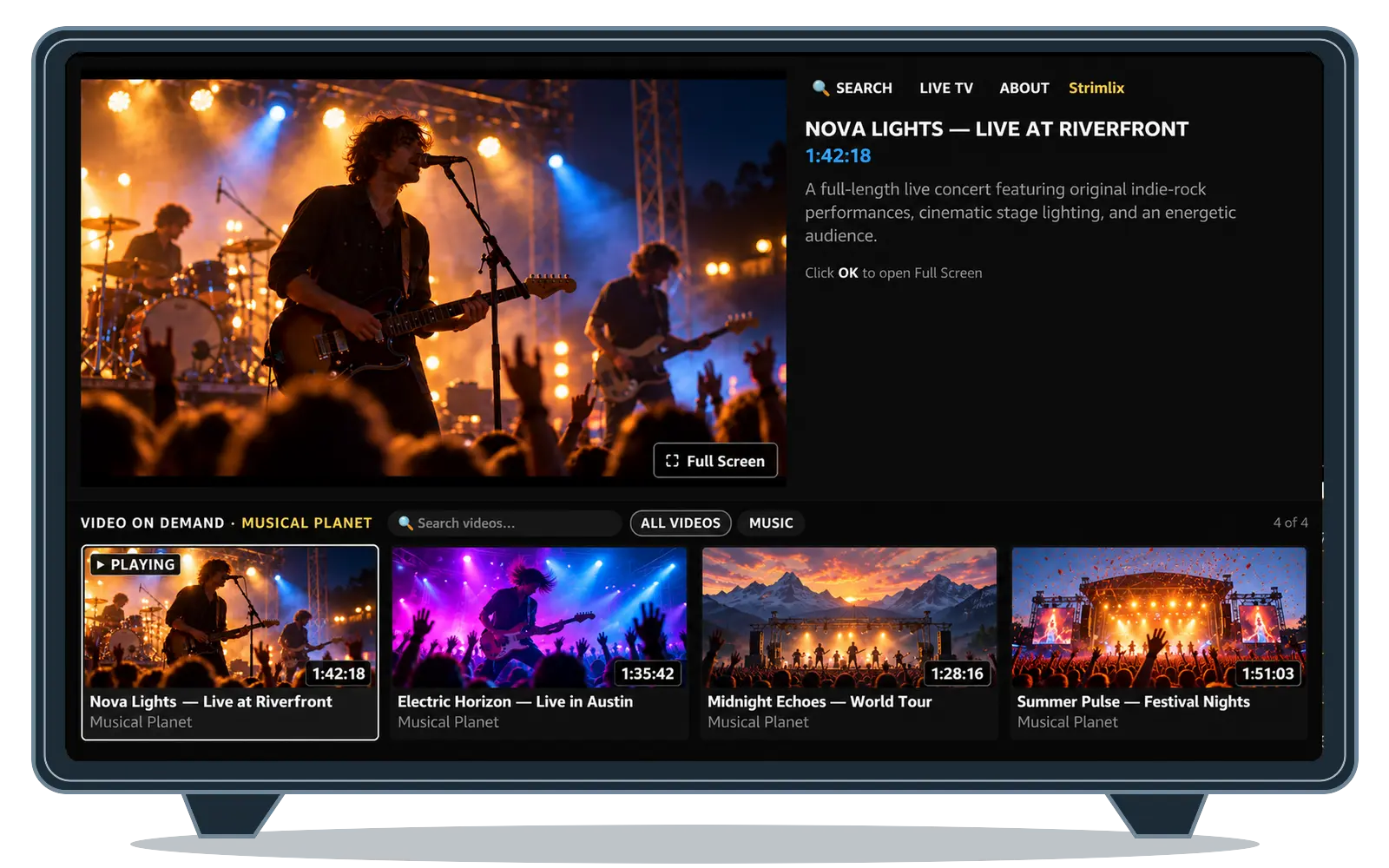 Strimm branded app running on a Fire TV device, showing the Video On Demand library