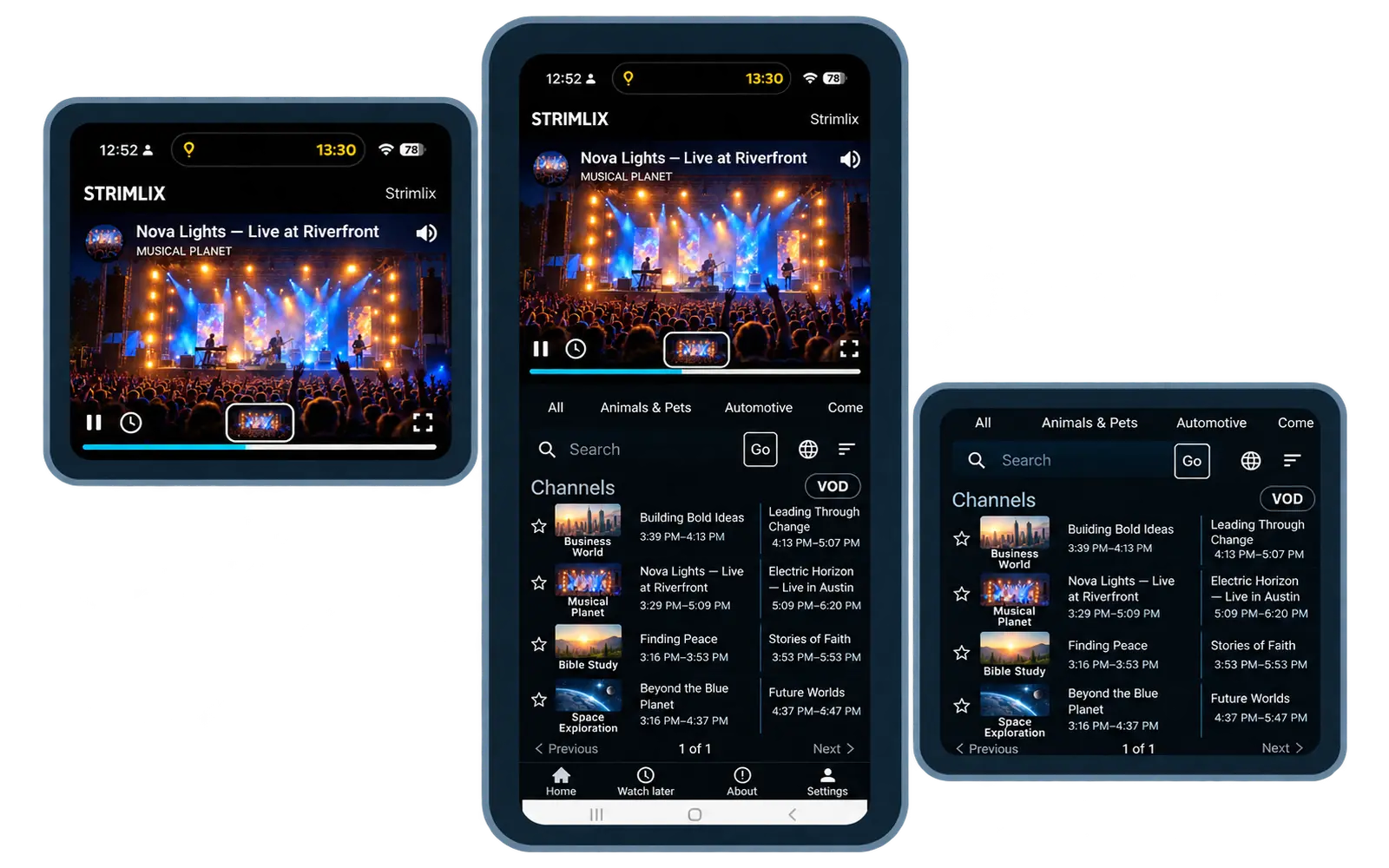 Strimm branded mobile app on iOS and Android, showing the Live TV player and channel schedule