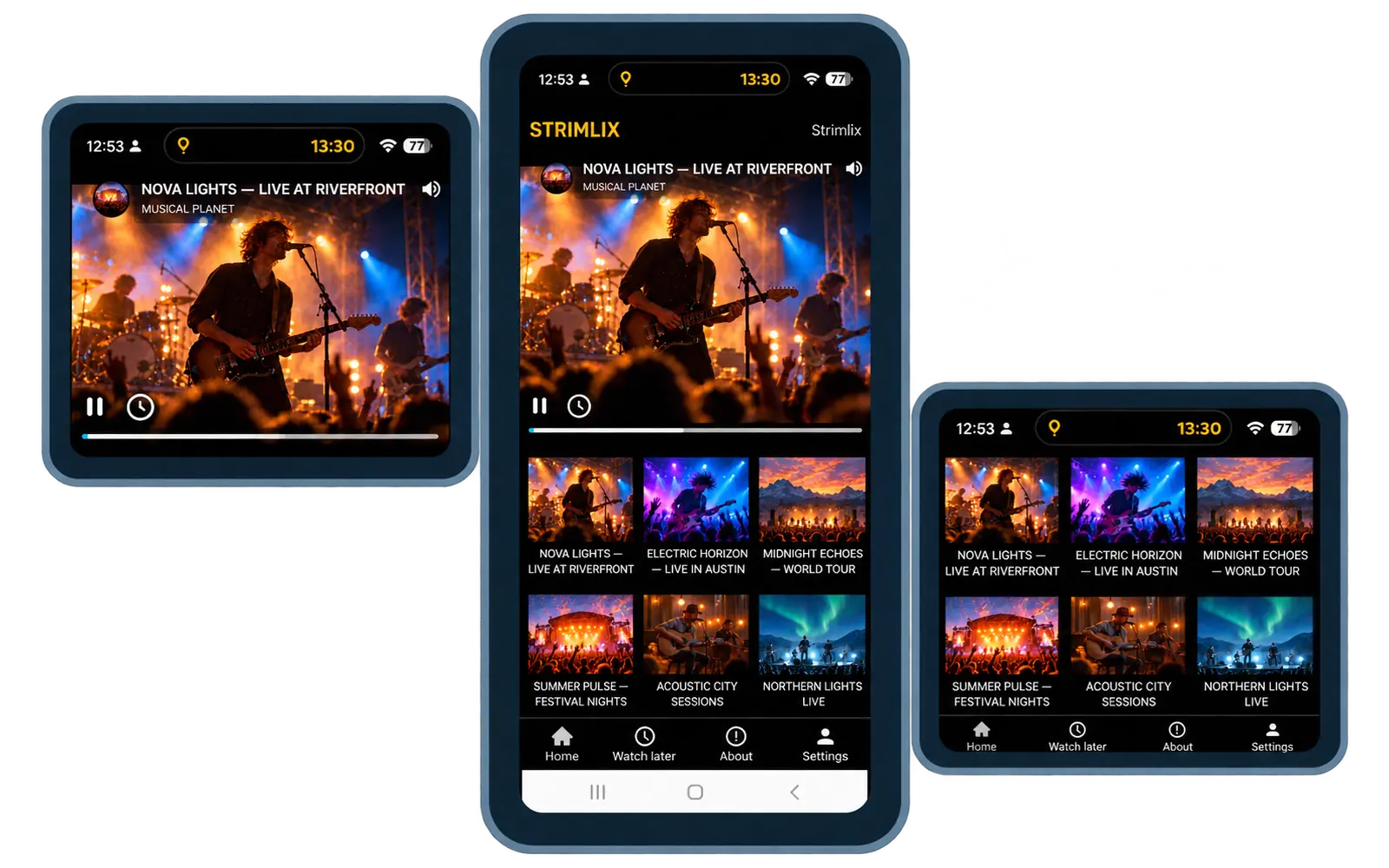 Strimm branded mobile app on iOS and Android, showing the Video On Demand library