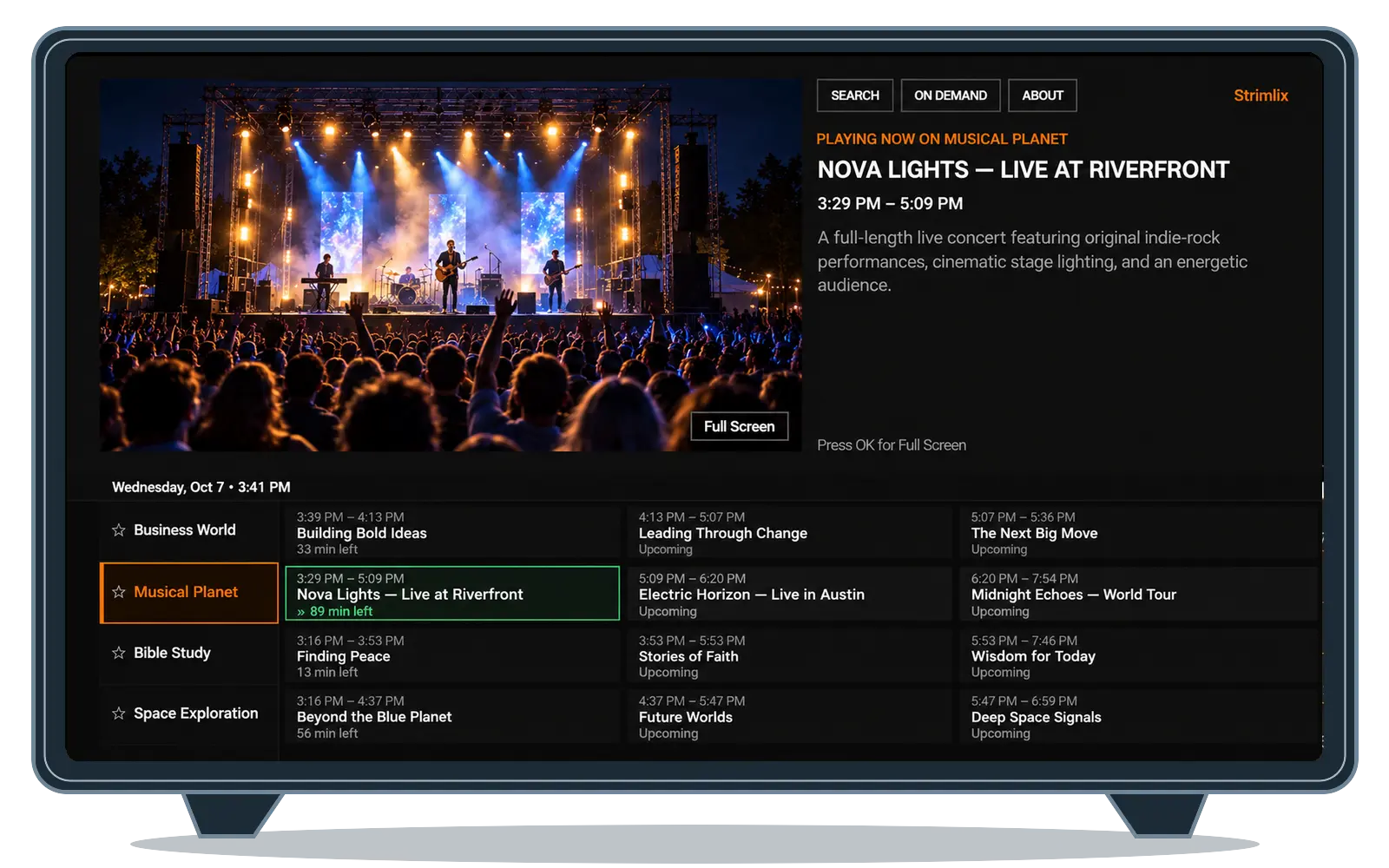 Strimm branded app running on a Roku device, showing a live channel and TV Guide