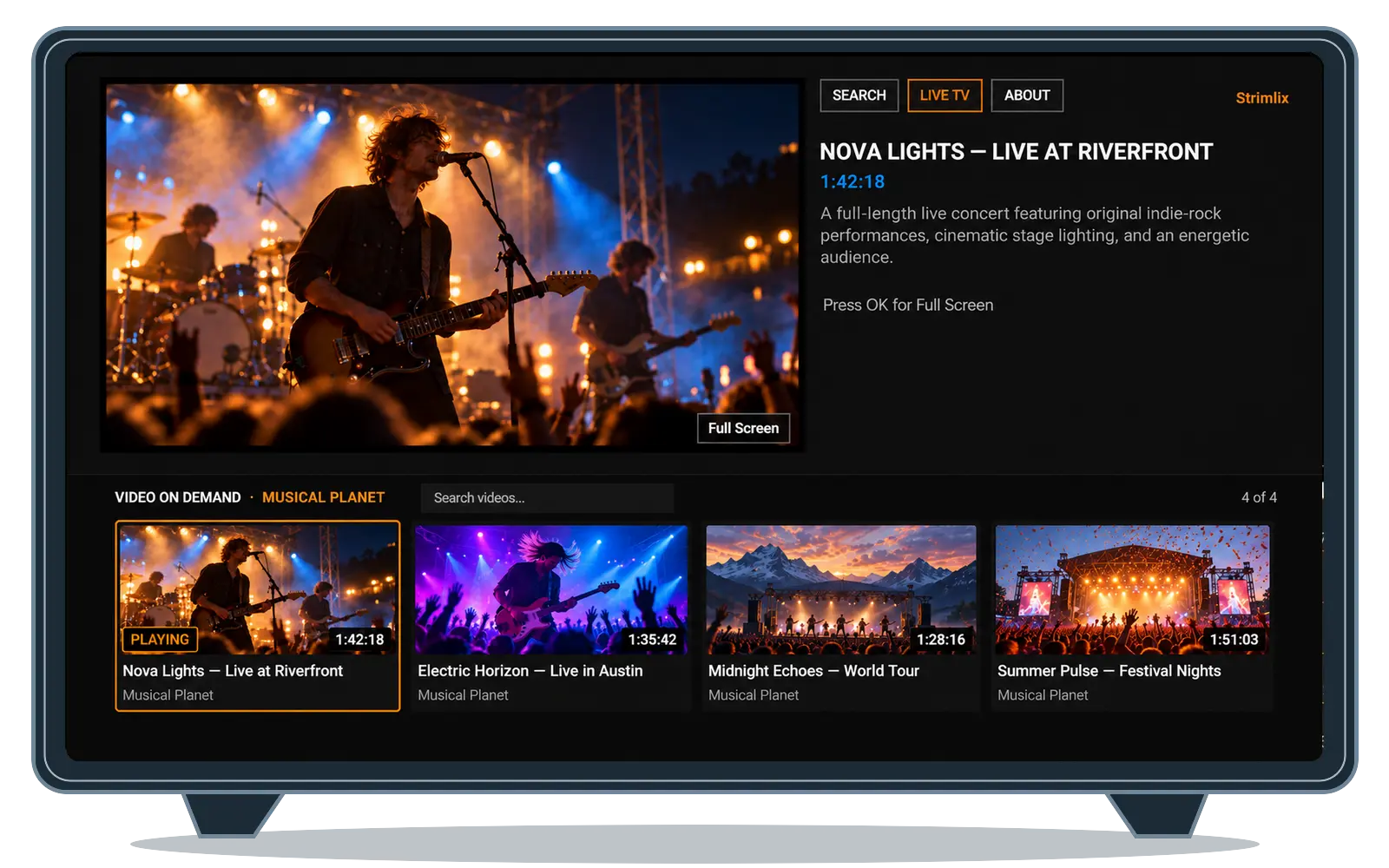 Strimm branded app running on a Roku device, showing the Video On Demand library
